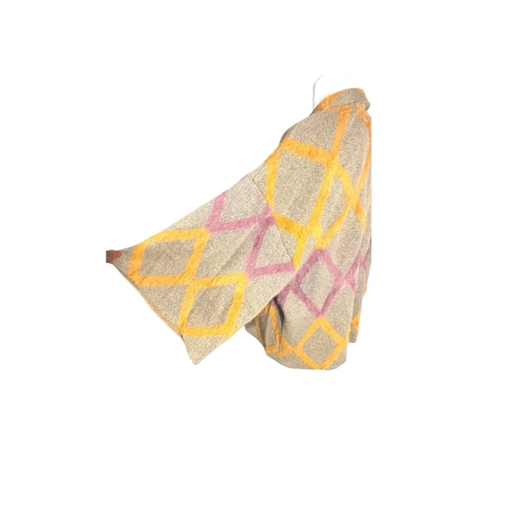 Kori America S/M Tan Brown Orange Pink Diamond Pattern Open Front Cardigan Women